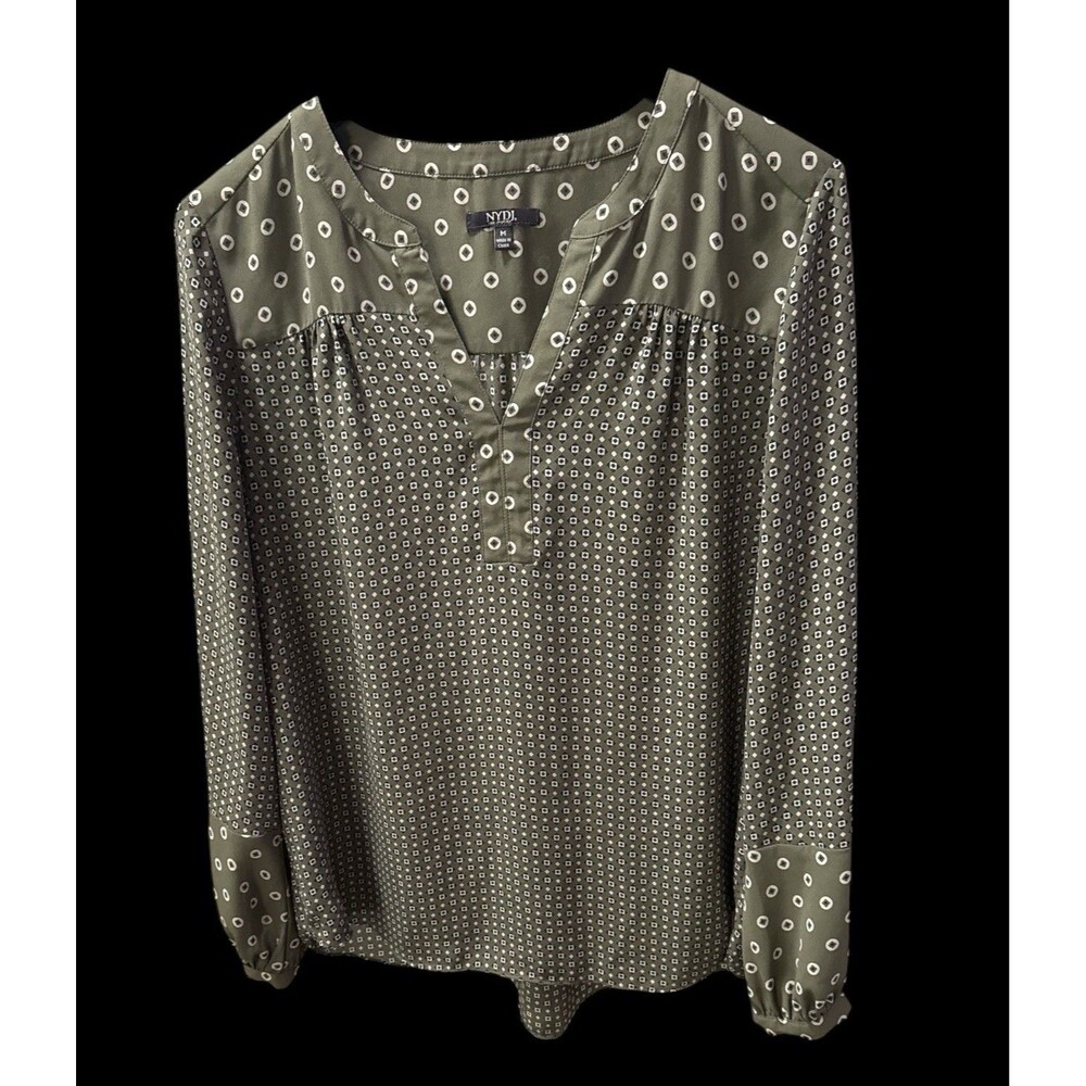 NYDJ M Olive Green Geometric Print Blouse Long Sleeve Pop Over Top Business Wear